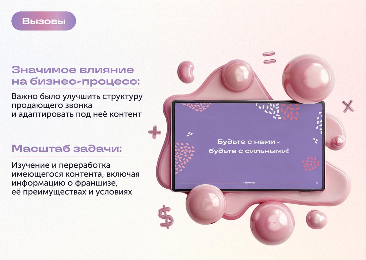 Как сделать презентацию, которая не просто расскажет, а продаст?
Мы помогли крупнейшей франшизе 4hands, в которой более 200 салонов красоты, создать презентацию для франчайзи | Сетка — социальная сеть от hh.ru
