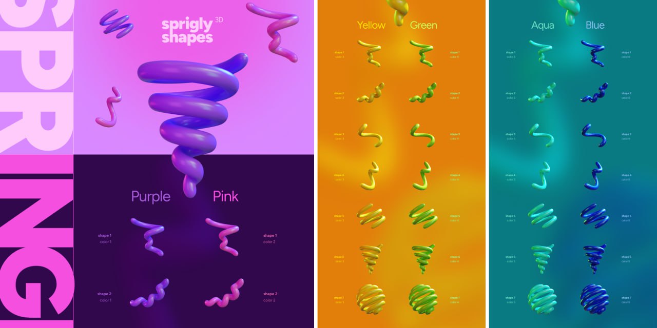 Springly shapes 3D
3D-загогулины в шести сочных цветах добавят динамики и игривости в дизайн | Сетка — социальная сеть от hh.ru