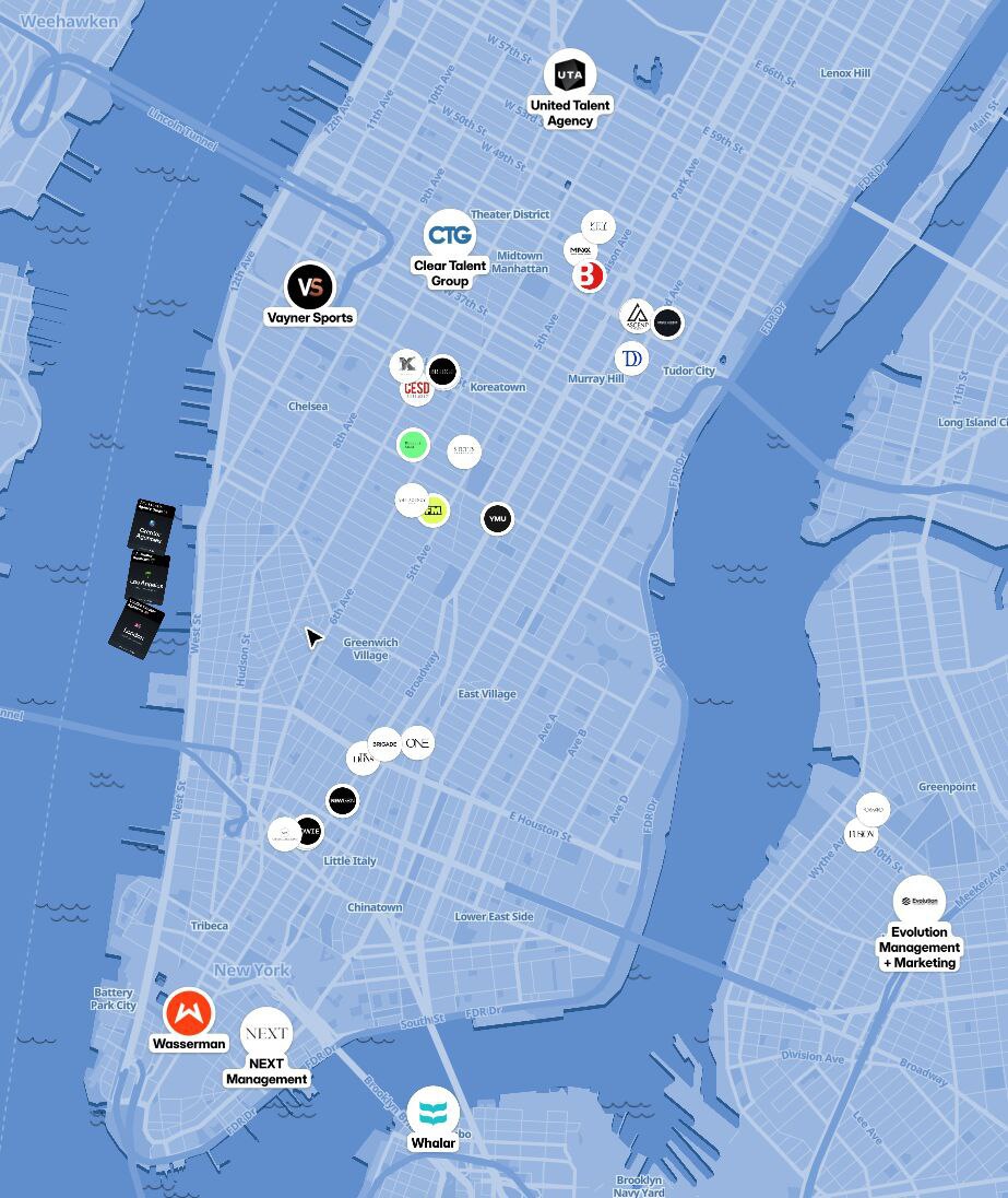 Чуваки из сервиса для создания медиакитов July сделали карту всех (почти) talent management агентств в Нью-Йорке, Лос-Анджелесе и Лондоне.
Вот тут у Beacons база покрупнее. | Сетка — социальная сеть от hh.ru