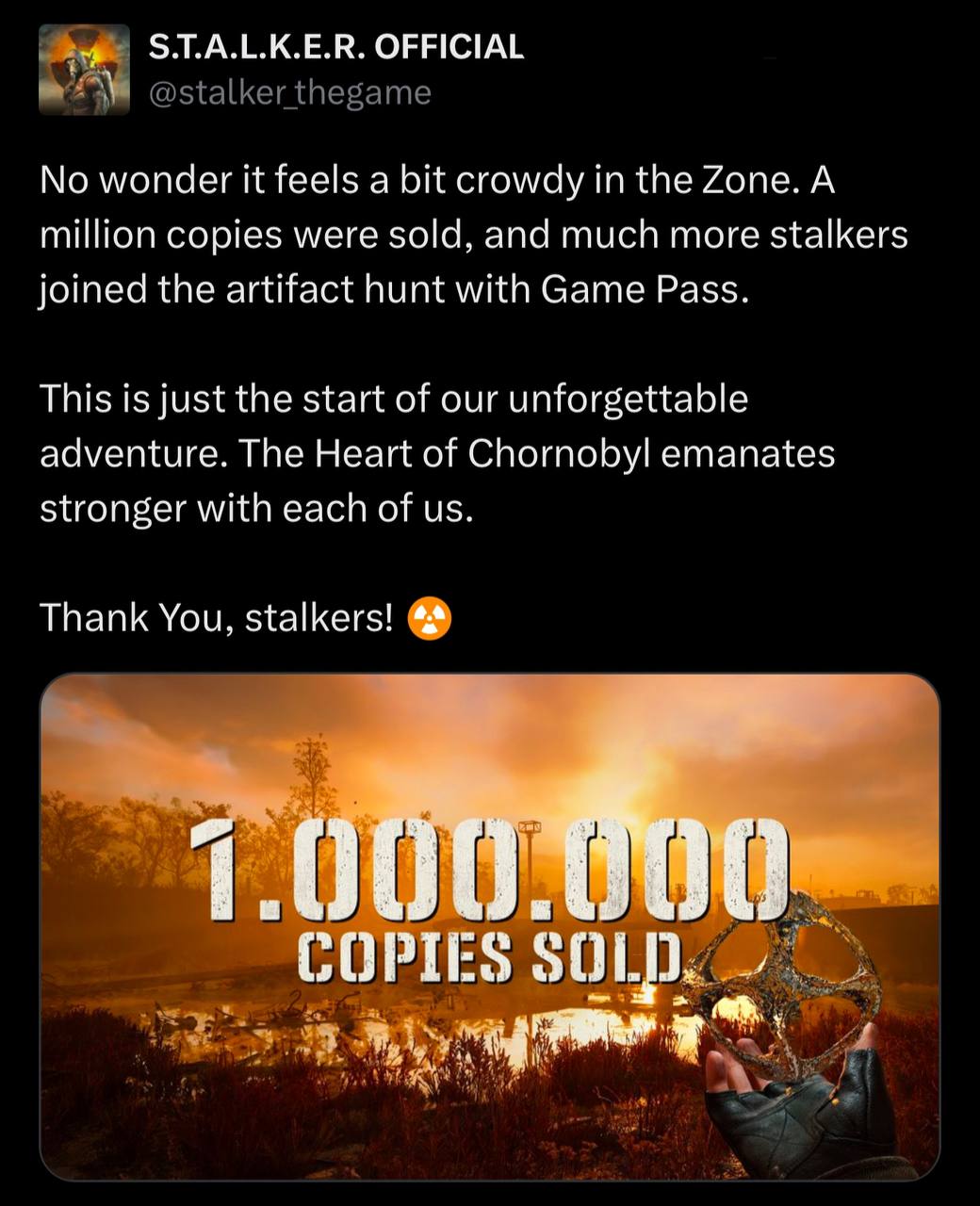 S.T.A.L.K.E.R. 2 продался тиражом в миллион копий за два дня с начала продаж.
При этом игра доступна в Game Pass — игроки оттуда в статистике вроде не учитывались. | Сетка — социальная сеть от hh.ru