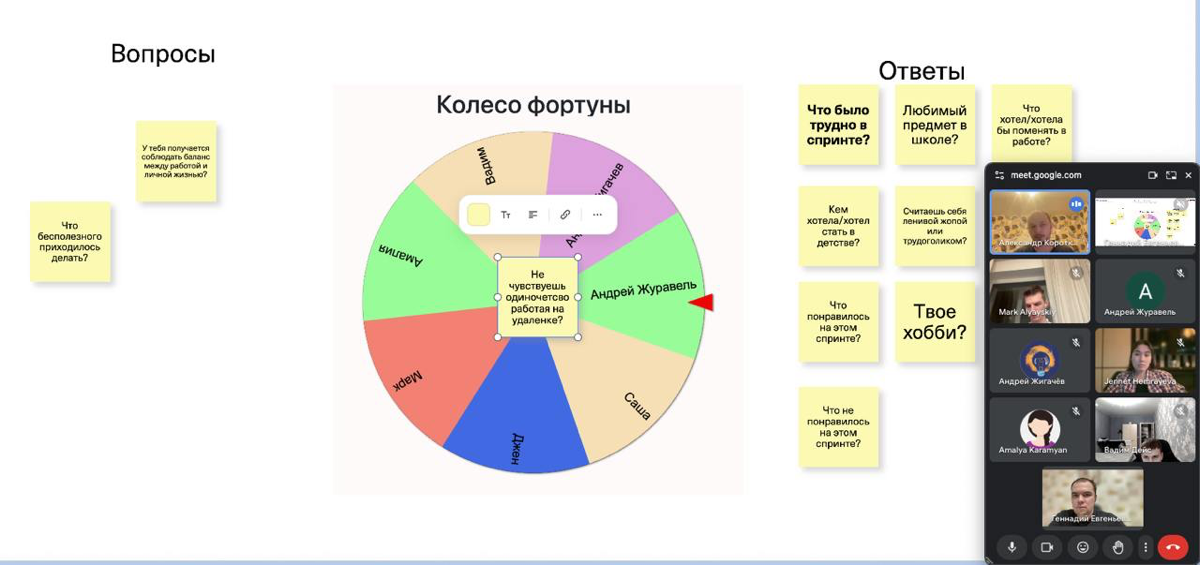#Skill
Провели вчера с командой РЕТРОСПЕКТИВУ спринта.
Провели в формате:

демонстрация выполненной работы за неделю,
крутили колесо ФОРТУНЫ для ответа на вопросы (скрин) | Сетка — социальная сеть от hh.ru