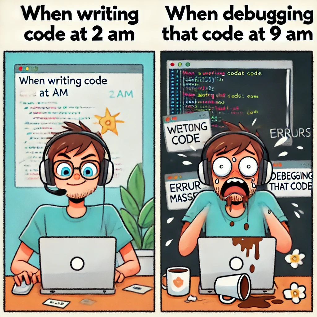 Кодинг в 2 часа ночи vs дебаг в 9 утра  
💻 Сценарий знаком каждому разработчику:
Ночь. Ты сидишь за ноутбуком. Муза вдохновения накрыла с головой. Ты гениален! Код течёт из пальцев, словно поэма | Сетка — социальная сеть от hh.ru