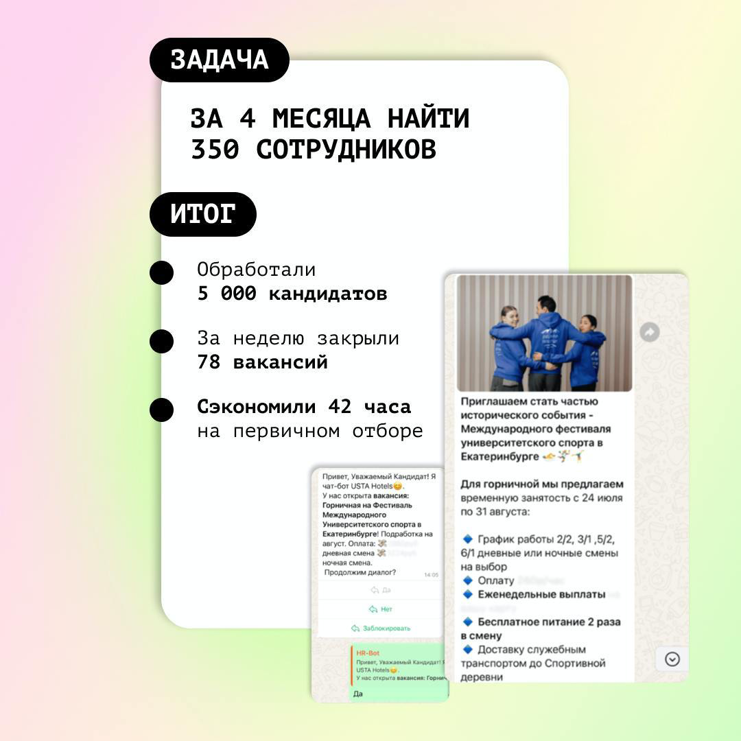 🤕 Временные вакансии — постоянная головная боль?
Для сети USTA Hotels задача закрыть множество вакансий в короткие сроки стала серьёзным вызовом | Сетка — социальная сеть от hh.ru