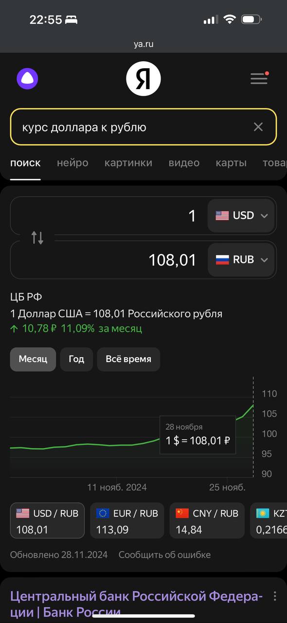 А доллар тем самым у 110 рублей крутится. Официально от ЦБ 108 рублей доллар на 28.11
Многие уже молниеносно подняли цены на товары на 10-15% в электронике | Сетка — социальная сеть от hh.ru