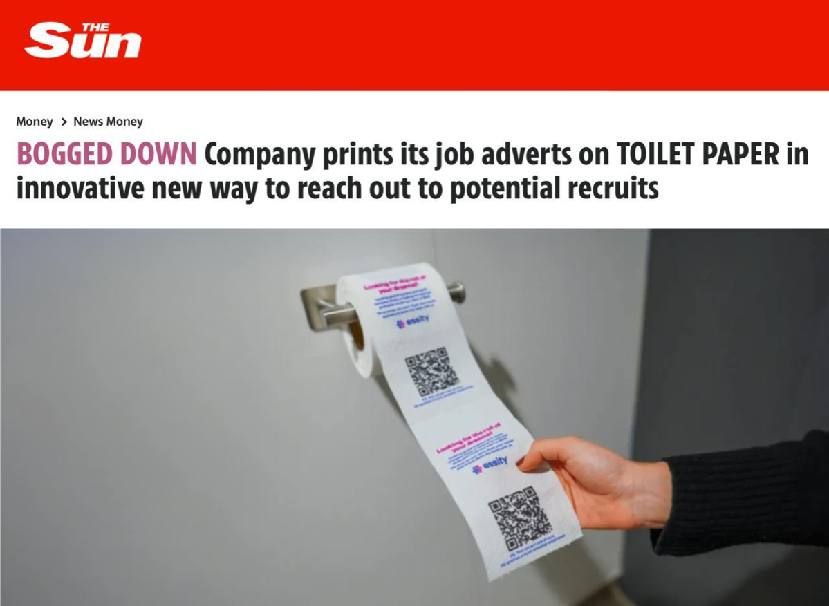 Как вам такой HR маркетинг:
Западная компания напечатала вакансии на туалетной бумаге и развесила рулоны в университетах. На каждом — QR-код со списком позиций для выпускников | Сетка — социальная сеть от hh.ru