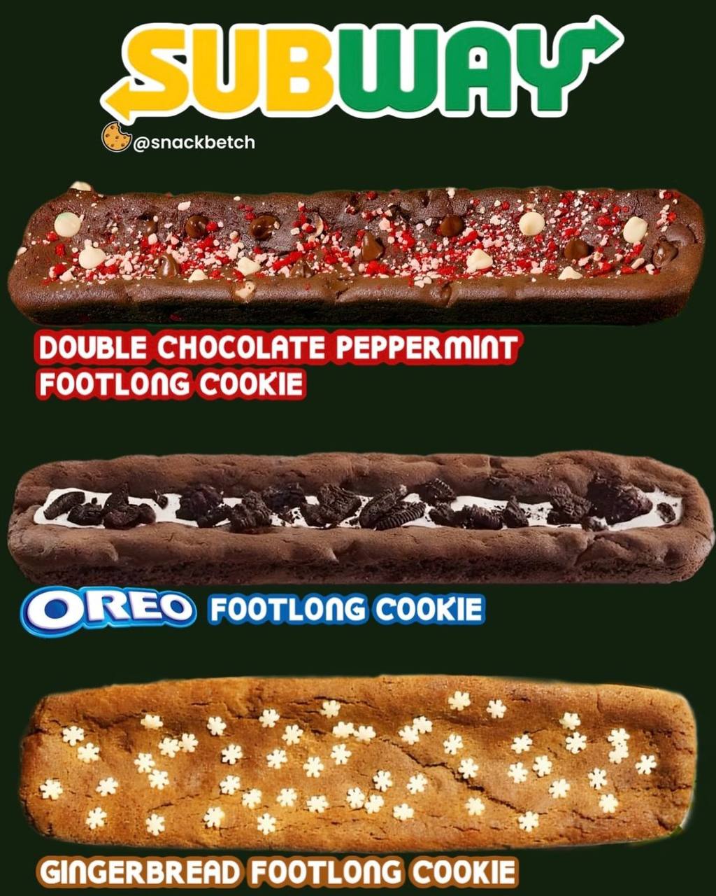 Subway выпустит рождественское печенье размером… с полноценный саб! Огромная печенька длиной в 31 сантиметр выйдет в трёх вкусах: Орео, имбирный пряник и двойной шоколад с перечной мятой | Сетка — социальная сеть от hh.ru