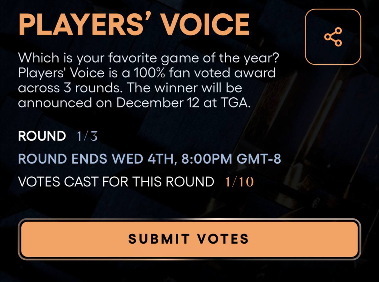 Первый тут народного голосования The Game Awards началось!
https://thegameawards.com/brackets/players-voice | Сетка — социальная сеть от hh.ru