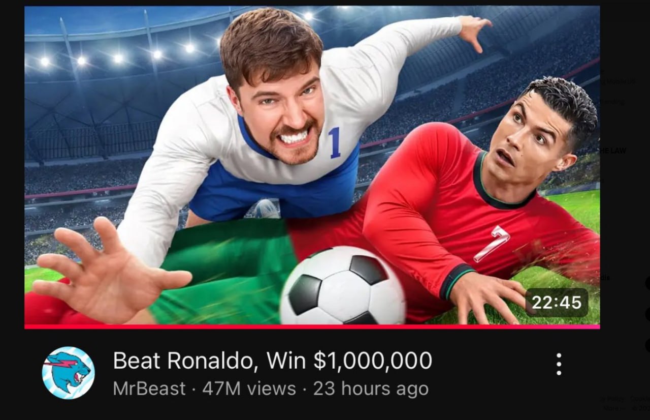 MrBeast выложил видео с Роналду и собрал 47 млн просмотров за сутки. Удивительно, но это не рекорд. Рекорд всё ещё принадлежит трейлеру GTA 6, который собрал 93 млн просмотров за 24 часа | Сетка — социальная сеть от hh.ru