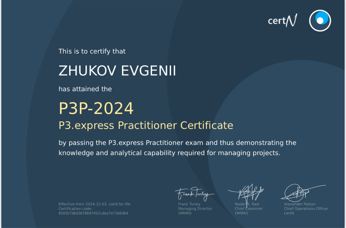 Сегодня успешно сдал экзамен по методологии p3.express: Practitioner Certificate
P3.express - молодой фреймворк от авторов Nadar K. Rad и Frank Turley | Сетка — социальная сеть от hh.ru