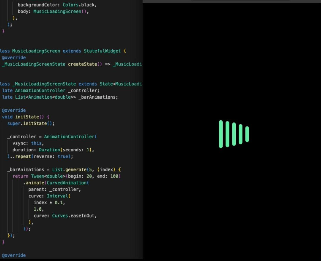 🎵 Музыка кода: экран загрузки в стиле музыкального эквалайзера.  
💡 #Flutter.
Используем #AnimationController, #Tween и #CurvedAnimation, чтобы создать этот стильный эффект | Сетка — социальная сеть от hh.ru
