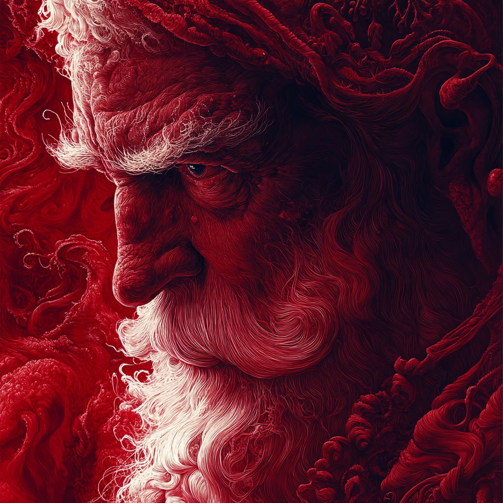 ✅Атмосферный Gustave Doré✅
Prompt: An extreme close-up face of Santa Clause composed of intricate lines and designs, rendered in red ink with a dark fantasy style inspired by the tenebrism of Gustave ... | Сетка — социальная сеть от hh.ru