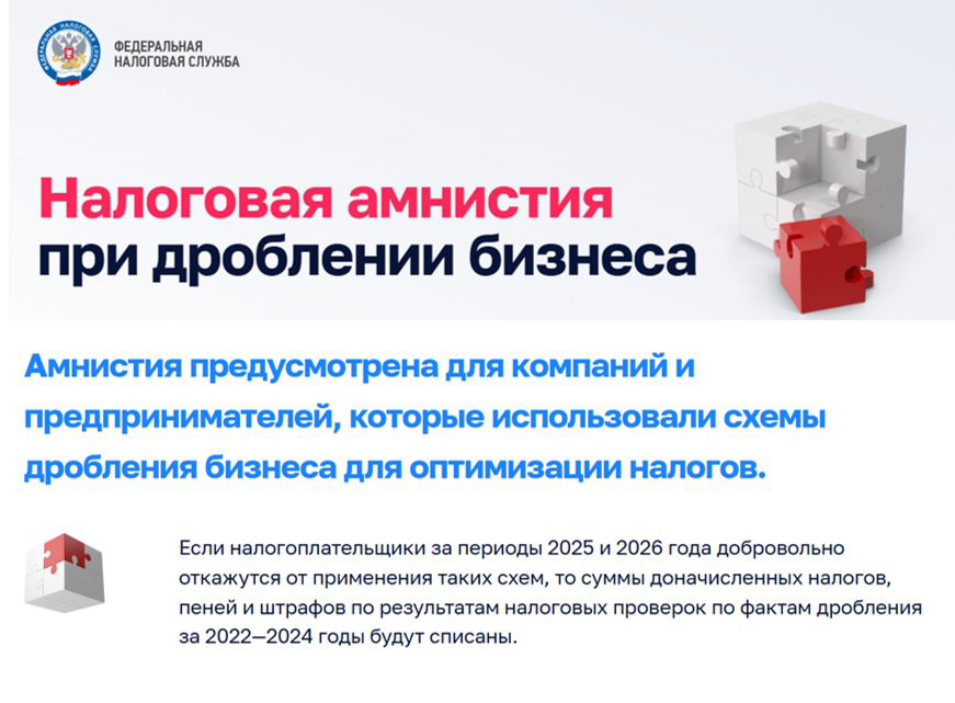 Налоговая амнистия при дроблении бизнеса.
Нашумевшая новость, заголовки о списании штрафов и пеней, как на картинке к фото, которую я взяла с сайта налоговой службы | Сетка — социальная сеть от hh.ru