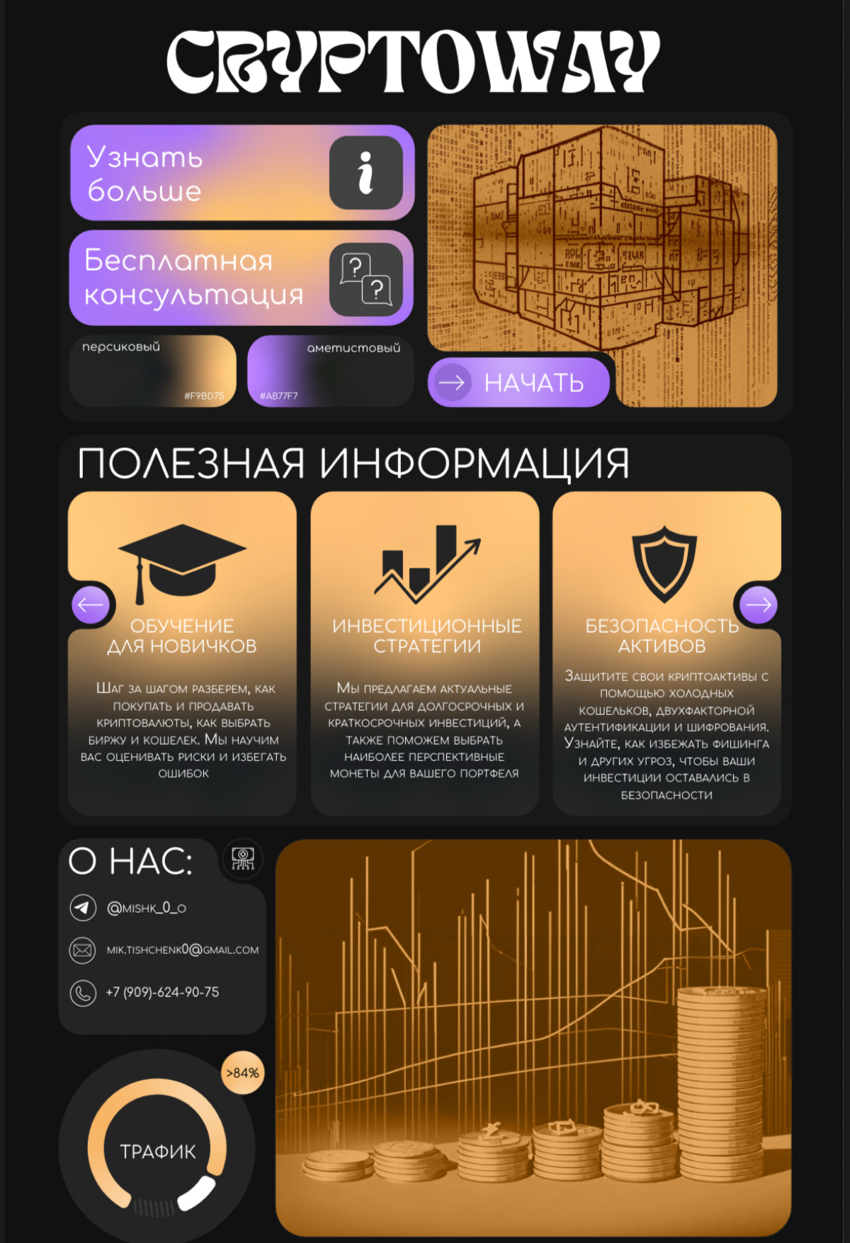 Создал концепт одностраничника для криптоплатформы 💻: стильный дизайн, градиенты, удобная структура. Добавил инфографику 📊 и адаптивность для разных устройств | Сетка — социальная сеть от hh.ru