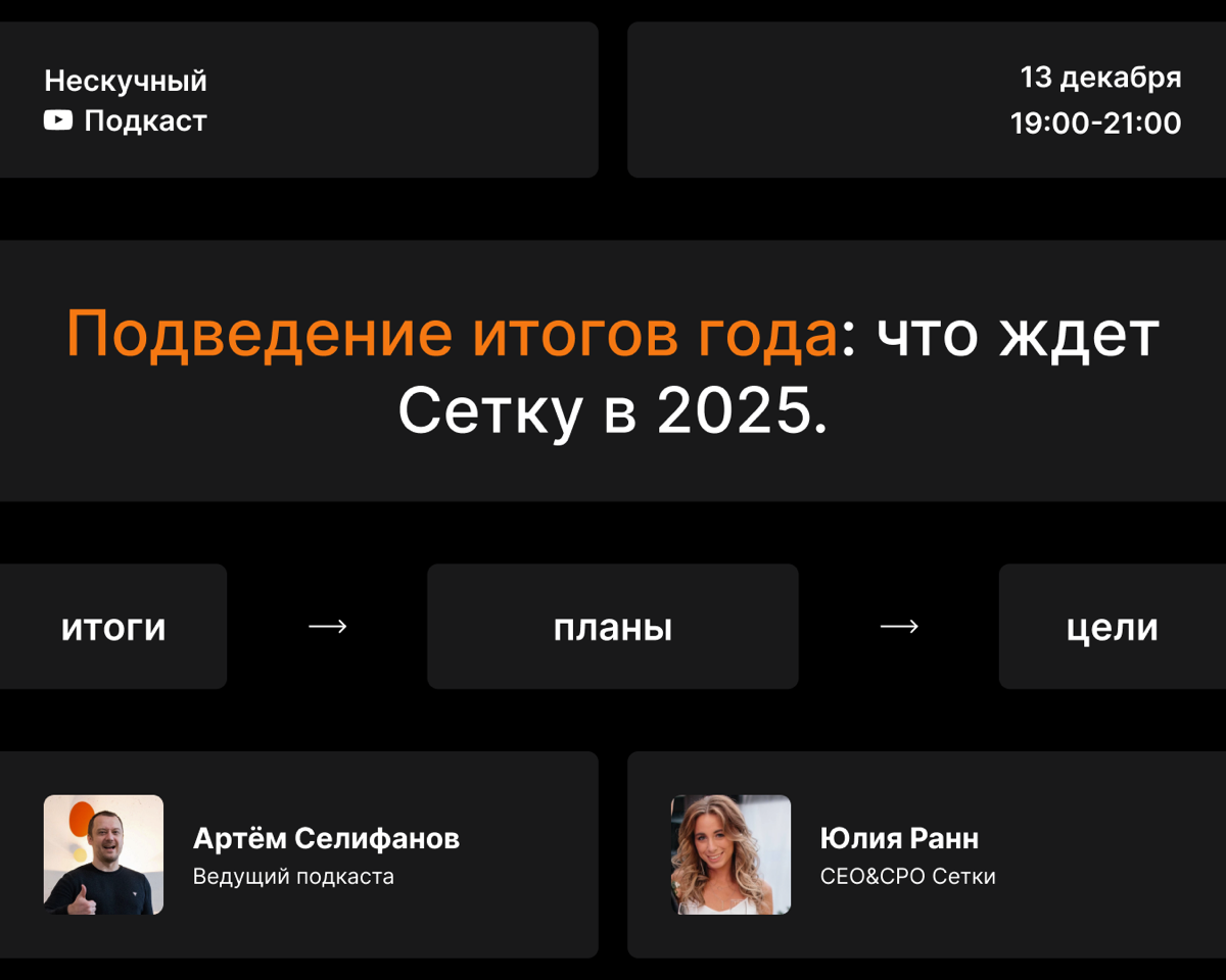 Нескучный подкаст: Подведение итогов работы Сетки в 2024 году и планы на 2025 год.  
Этот подкаст для всех, кому не безразлична Сетка и кто хочет узнать, куда она будет развиваться | Сетка — социальная сеть от hh.ru