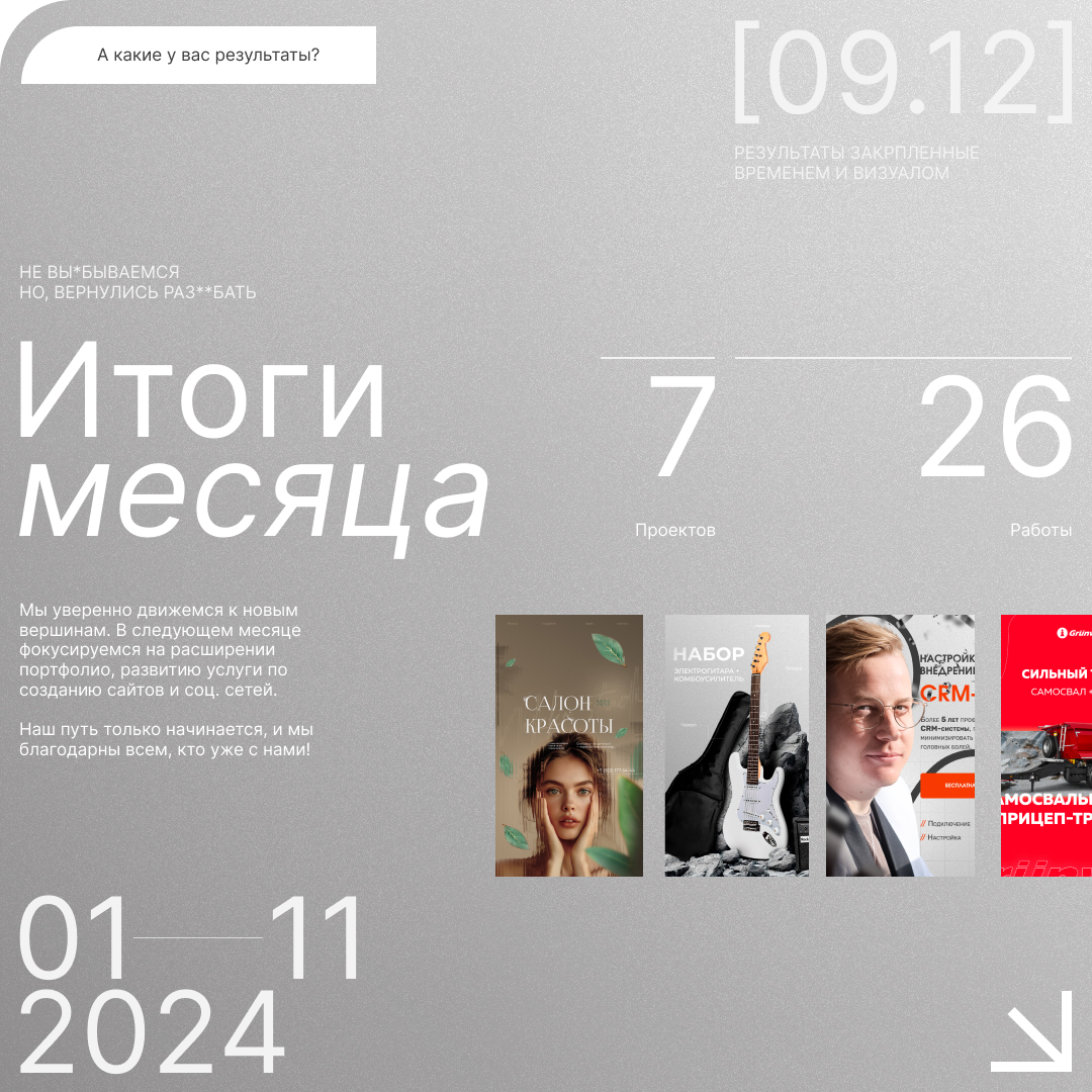 ✨ Итоги месяца ✨
Прошедший месяц был насыщен проектами и новыми вызовами! Мы завершили 7 проектов и выполнили 26 работ, оставаясь верными нашим стандартам качества и уникальности | Сетка — социальная сеть от hh.ru