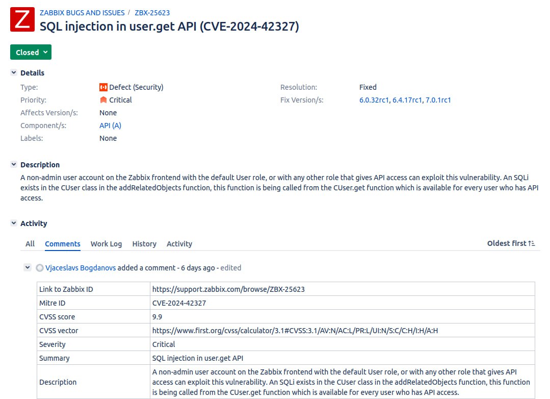 Zabbix предупредила о критической уязвимости CVE-2024-42327 в своём решении с открытым исходным кодом для мониторинга
https://habr.com/ru/news/863440/ | Сетка — социальная сеть от hh.ru
