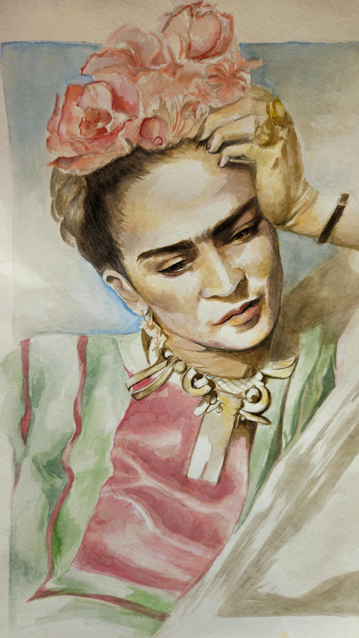 Самоизоляция проходила у меня в компании с Фридой Кало.
Писала с черно-белой фотографии. Люблю этот портрет | Сетка — социальная сеть от hh.ru