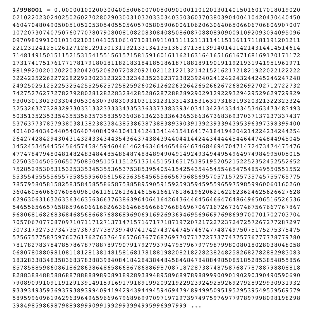Невероятно полезный факт вам на сегодня: если 1 разделить на 998001, вы получите все трёхзначные числа по порядку от 000 до 999.
Кроме 998.
Никто не любит 998. | Сетка — социальная сеть от hh.ru