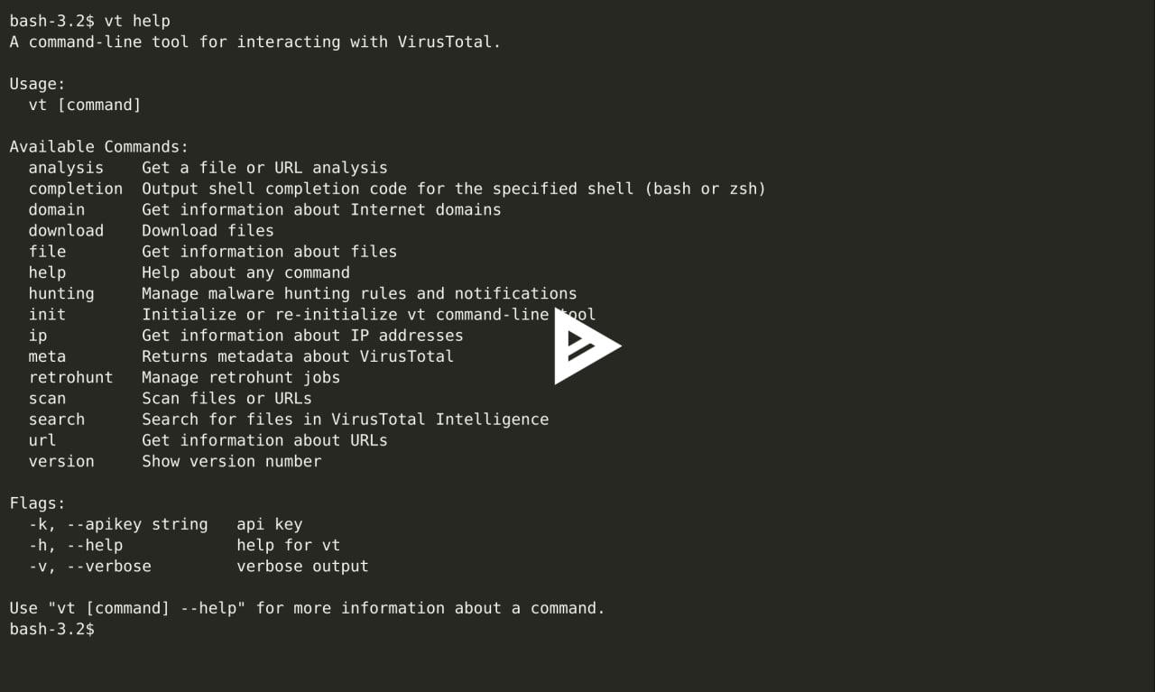 VirusTotal CLI, a tool designed for those who love both VirusTotal and command-line interfaces
https://virustotal.github.io/vt-cli/ | Сетка — социальная сеть от hh.ru