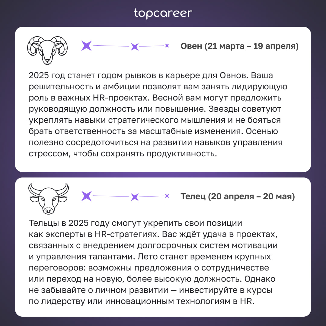 🎁🎁🎁🎁🎁🎁🎁 Гороскоп для HR 2025 
Мы специально для вас заглянули в будущее и узнали, что вас ждет в 2025. Звезды сулят карьерный прорыв, новые связи и даже международную карьеру | Сетка — социальная сеть от hh.ru