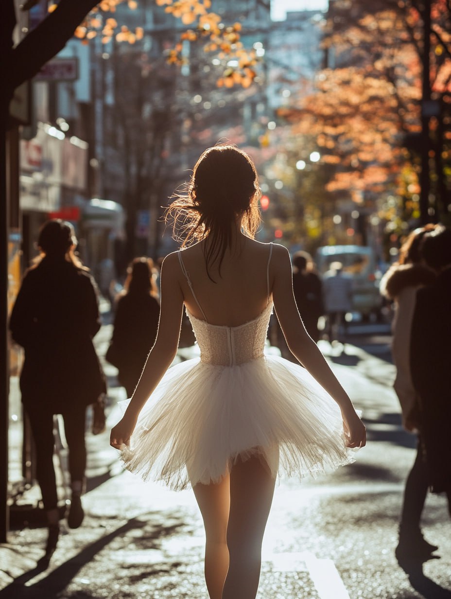 prompt: Autumn 2025. A Japanese woman in a white ballet costume walking down the street in Harajuku. From behind. She is 15 years old. Passersby are paying attention to her | Сетка — социальная сеть от hh.ru