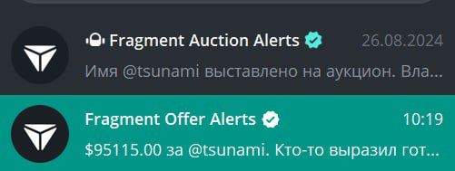 Утром мне прилетело сообщение от аккаунта Fragment Offer Alerts, что очень похоже на официальный бот аккаунт выше | Сетка — социальная сеть от hh.ru