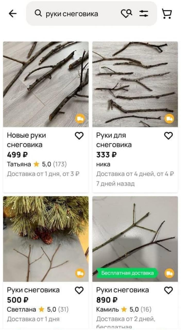 Идея для бизнеса: некоторые предприимчивые россияне начали продавать руки снеговика. Это буквально обычные палки и ветки!
Ценник разнится: одни руки отдают за 300 рублей, другие — за 800 | Сетка — социальная сеть от hh.ru