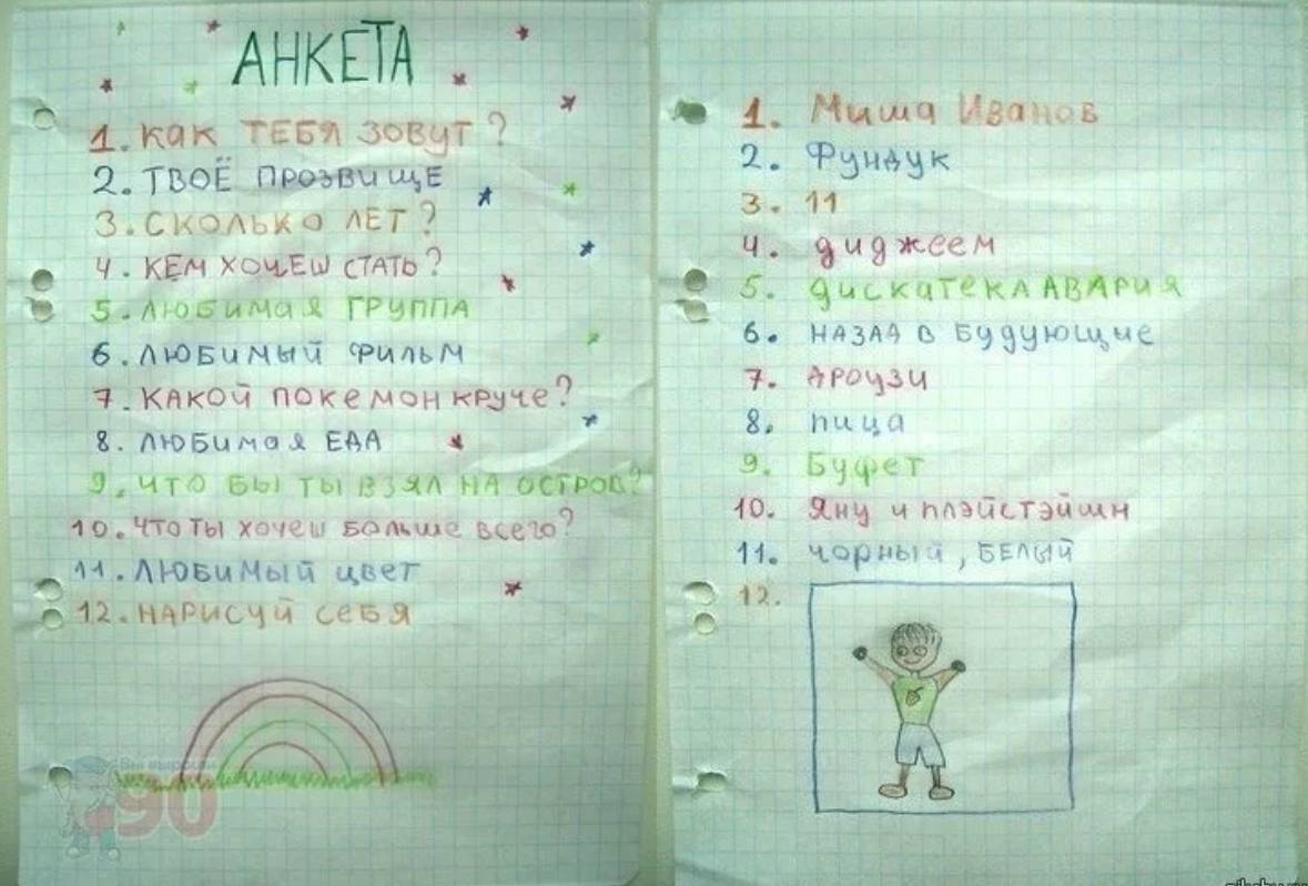 Помните анкеты в детстве?
Мы их делали в тетрадях, приносили в школу, кружки, во двор.
И давали заполнить ребятам вокруг.
Там были разные вопросы, отвечая на которые каждый рассказывал автору о себе | Сетка — социальная сеть от hh.ru