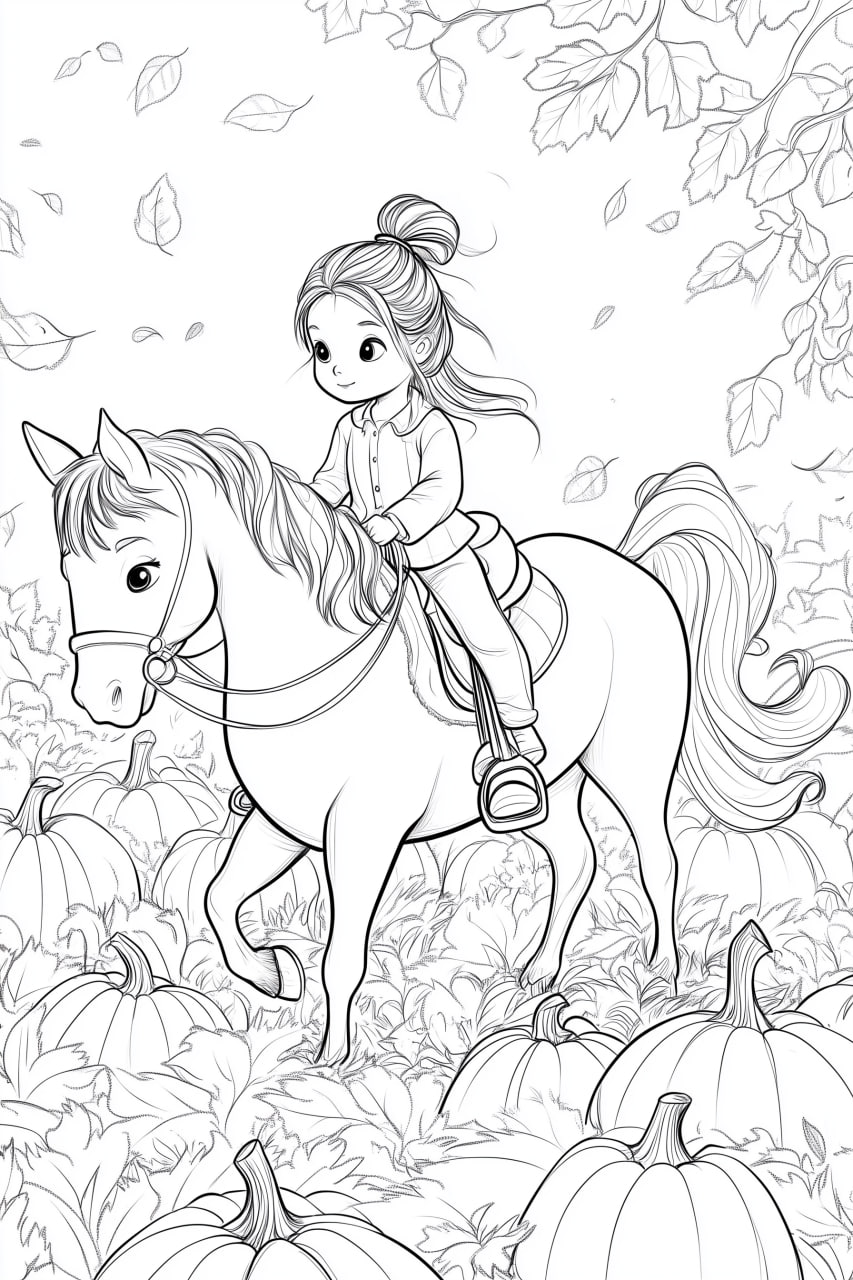 prompt: black and white coloring page for kids, no shading, a little rider girl riding a horse through pumpkin patch, cute cartoon style, simple clear lines --ar 2:3 --stylize 150 --v 6 | Сетка — социальная сеть от hh.ru