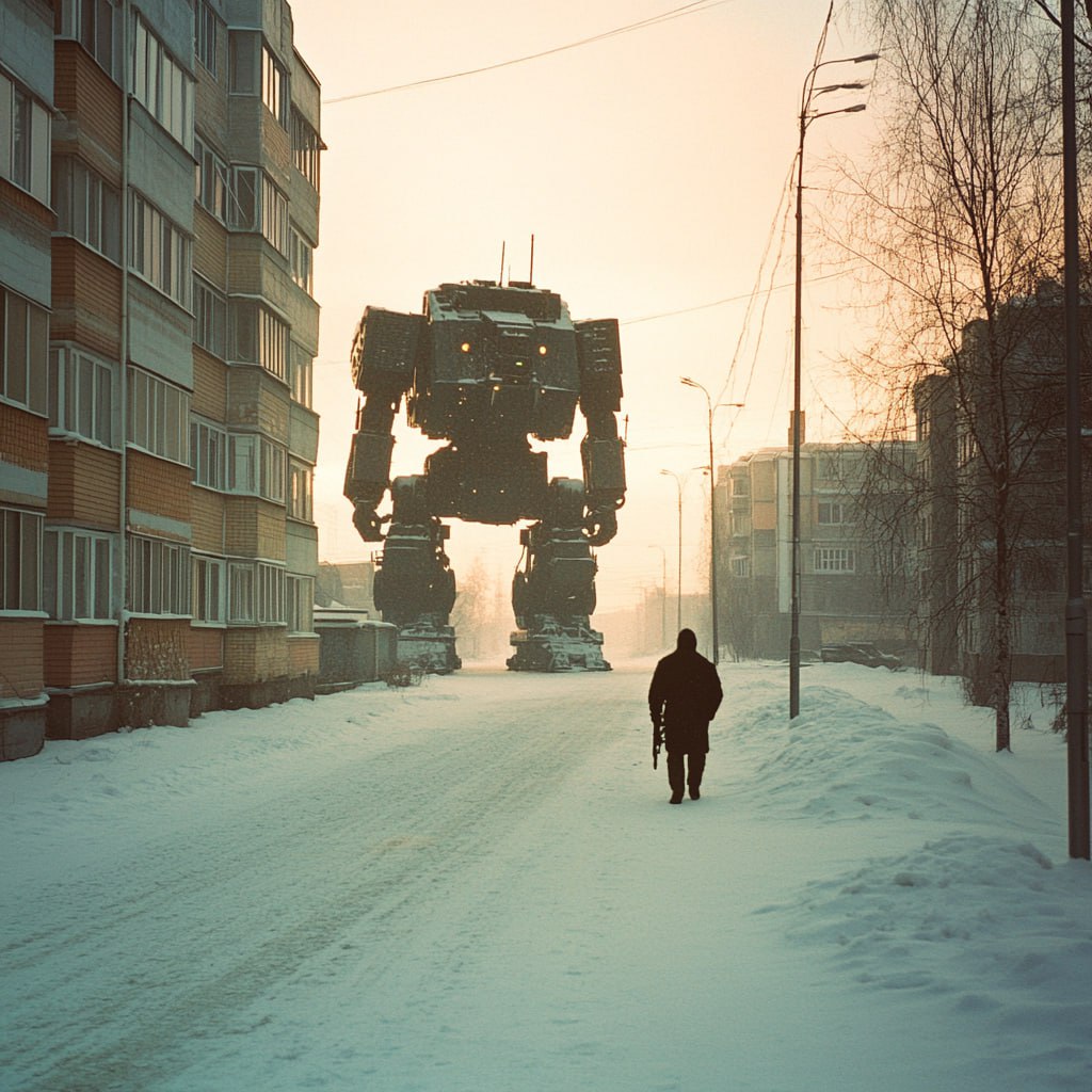 prompt: 90s disposable camera; 80s movie style; russian neighbourhood with a large mech robot walking with a rifle in dawn early winter --v 6.1 | Сетка — социальная сеть от hh.ru