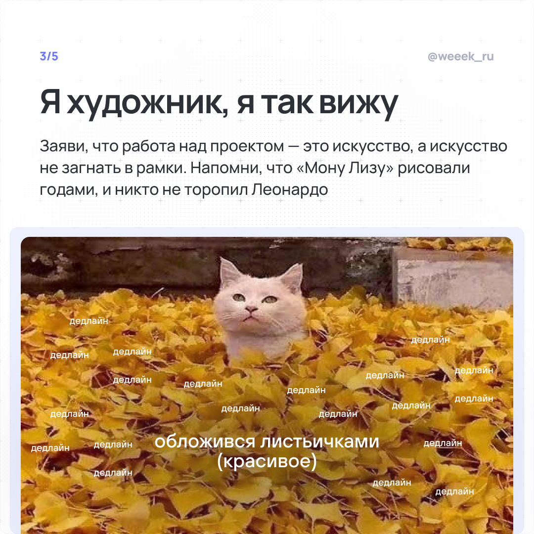 Когда дедлайн горит, а ты стоишь с огнетушителем из отмазок. 🧯 Карточки-антиинструкция: как убедить начальника, что дедлайны — выдумка, а творческому хаосу нужна свобода | Сетка — социальная сеть от hh.ru