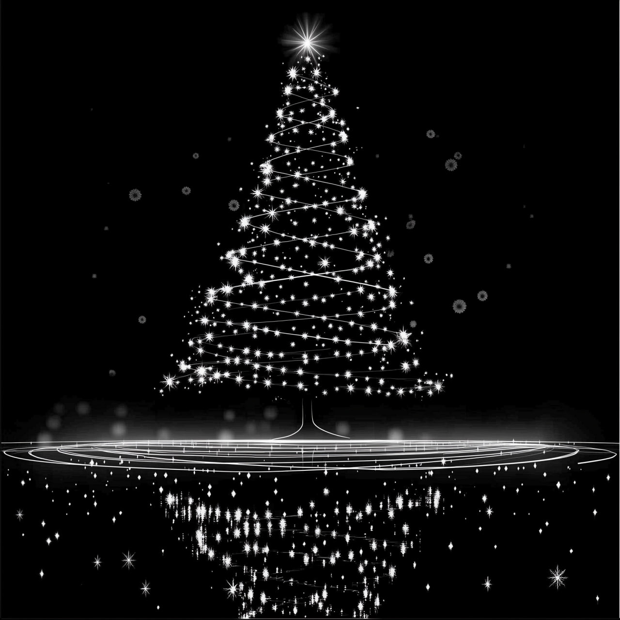 prompt: A modern and stylish black-and-white Christmas tree illustration, decorated with delicate strings of lights and surrounded by a subtle pattern of snowflakes and stars | Сетка — социальная сеть от hh.ru