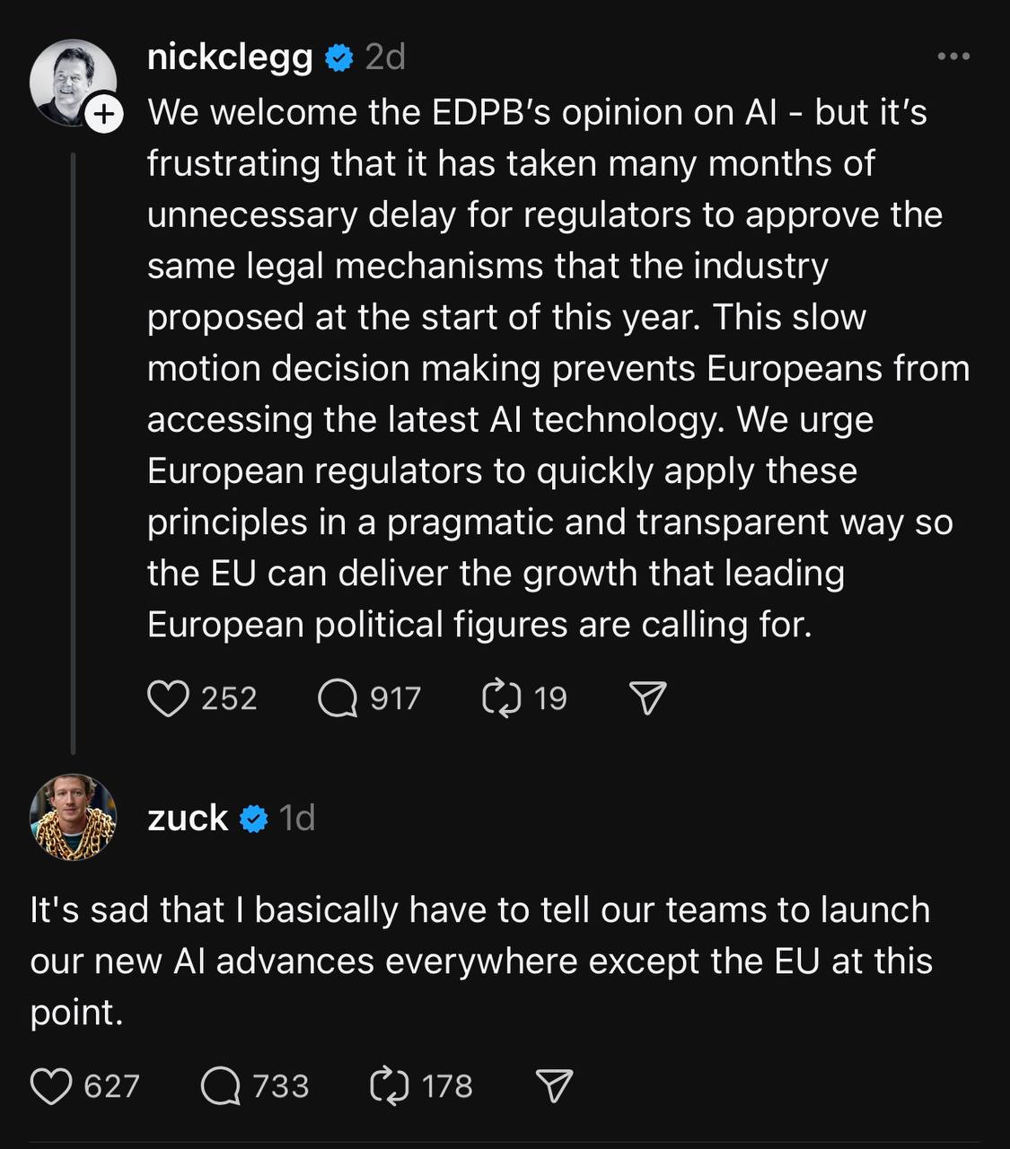 Цукерберг жалуется Нику Клеггу, президенту по международным вопросам в Meta: говорит, ему грустно, что из-за медлительности европейских регуляторов ему приходится обсуждать с командой запуск новых ИИ-... | Сетка — социальная сеть от hh.ru