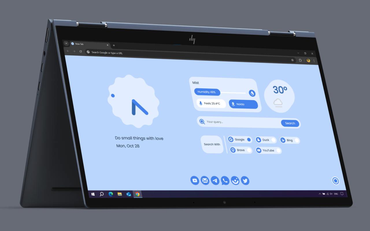 Расширение для браузера Chrome, которое превратит стандартную вкладку с поиском в функциональную панель с виджетами. 
Отображение даты, погоды и времени. Есть быстрый доступ к ИИ | Сетка — социальная сеть от hh.ru