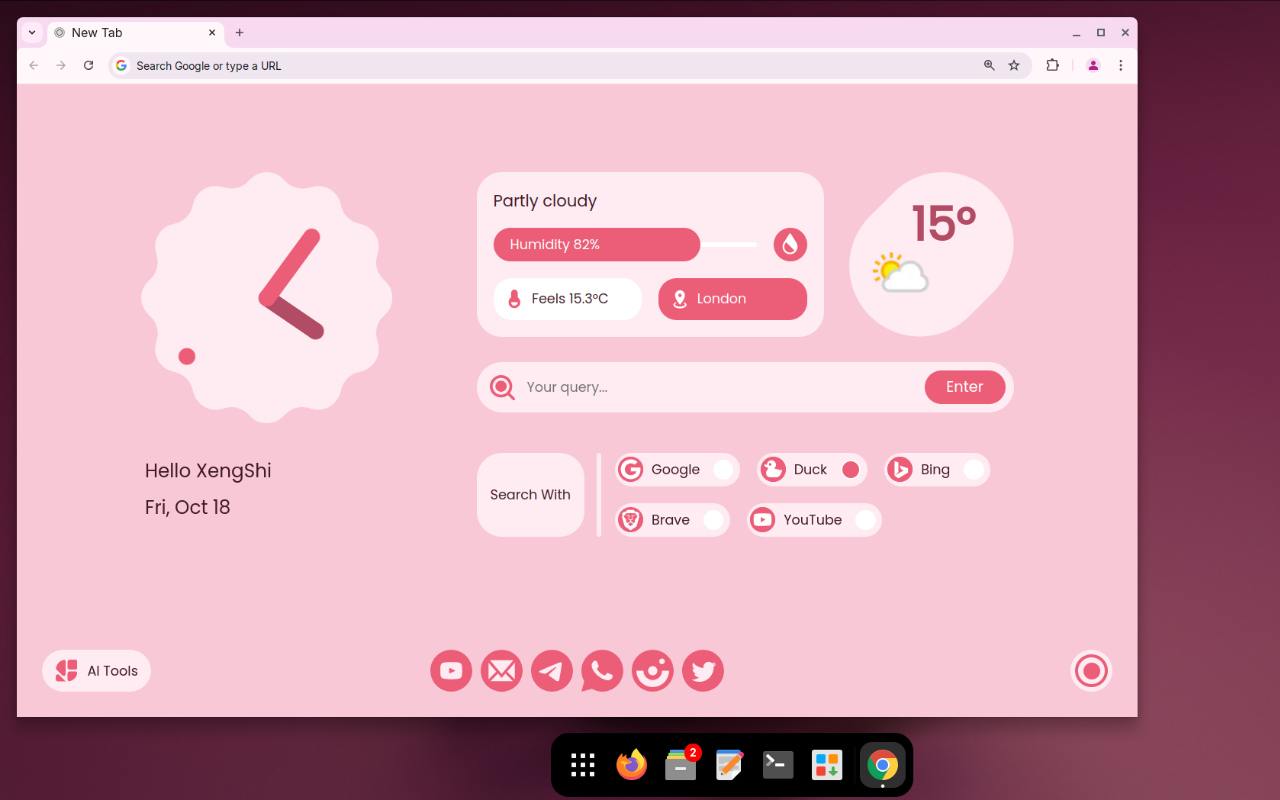 Расширение для браузера Chrome, которое превратит стандартную вкладку с поиском в функциональную панель с виджетами. 
Отображение даты, погоды и времени. Есть быстрый доступ к ИИ | Сетка — социальная сеть от hh.ru
