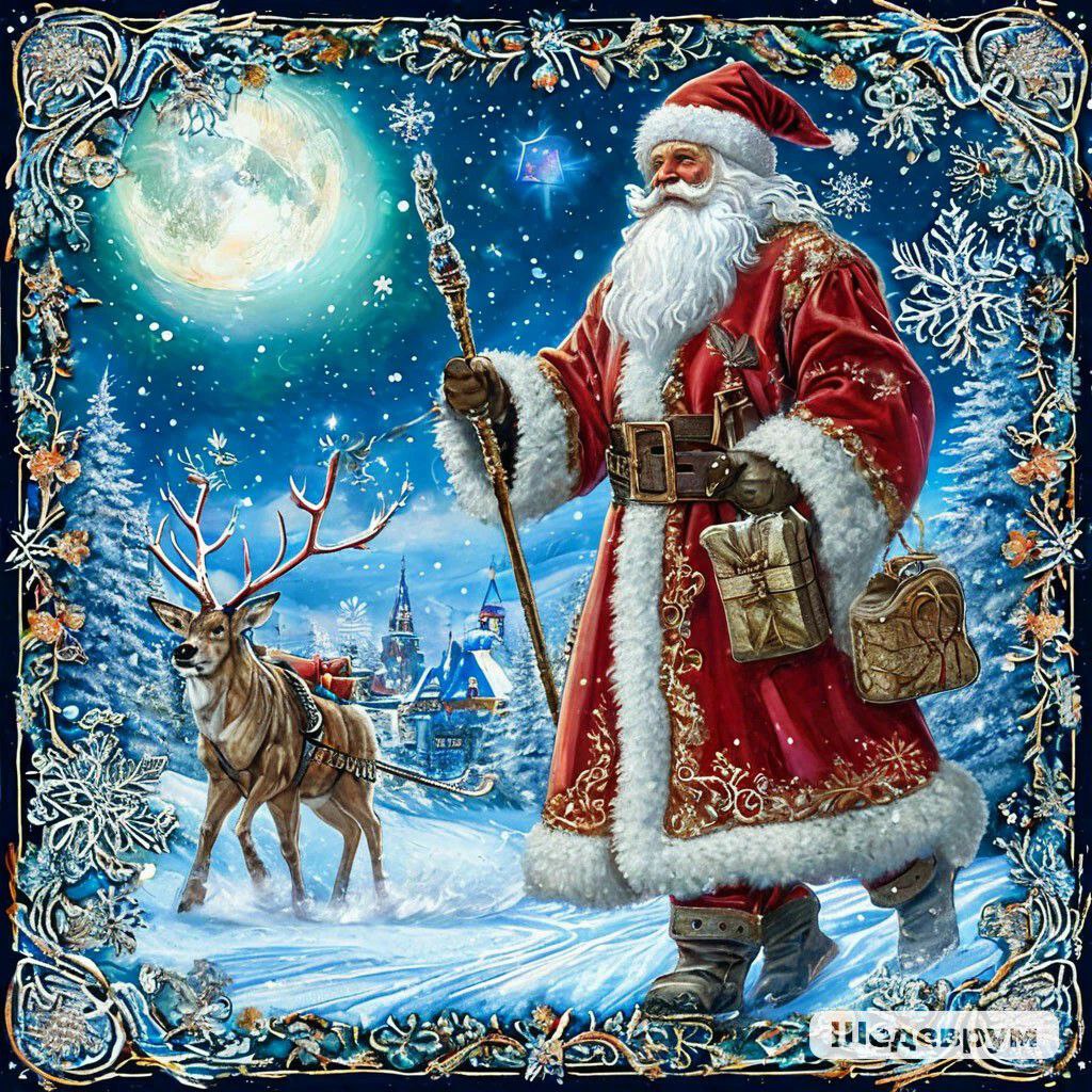 prompt: Сани Санта-Клауса летят по заснеженной деревне под северным сиянием, олени скачут по небу, а разноцветные огни отражаются от снега внизу. | Сетка — социальная сеть от hh.ru