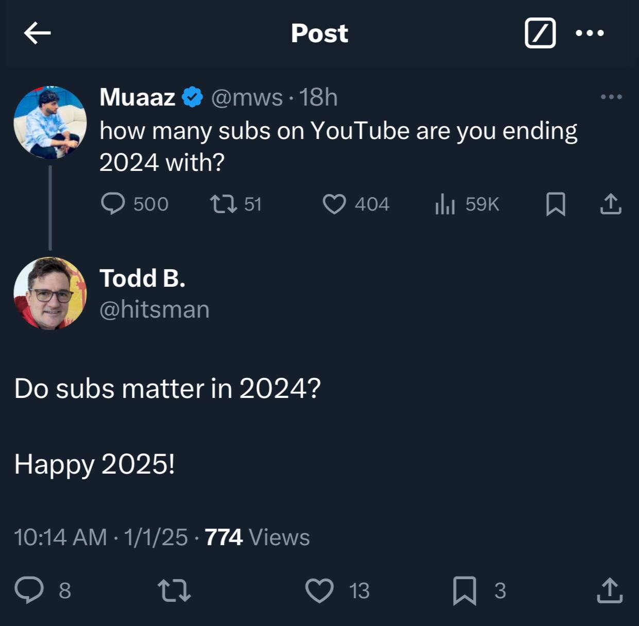 Вопрос от продакт лида YouTube под твитом YouTube-консультанта о том, сколько у вас подписчиков под конец 2024:
"А подписчики вообще имеют значение?" 😄 | Сетка — социальная сеть от hh.ru