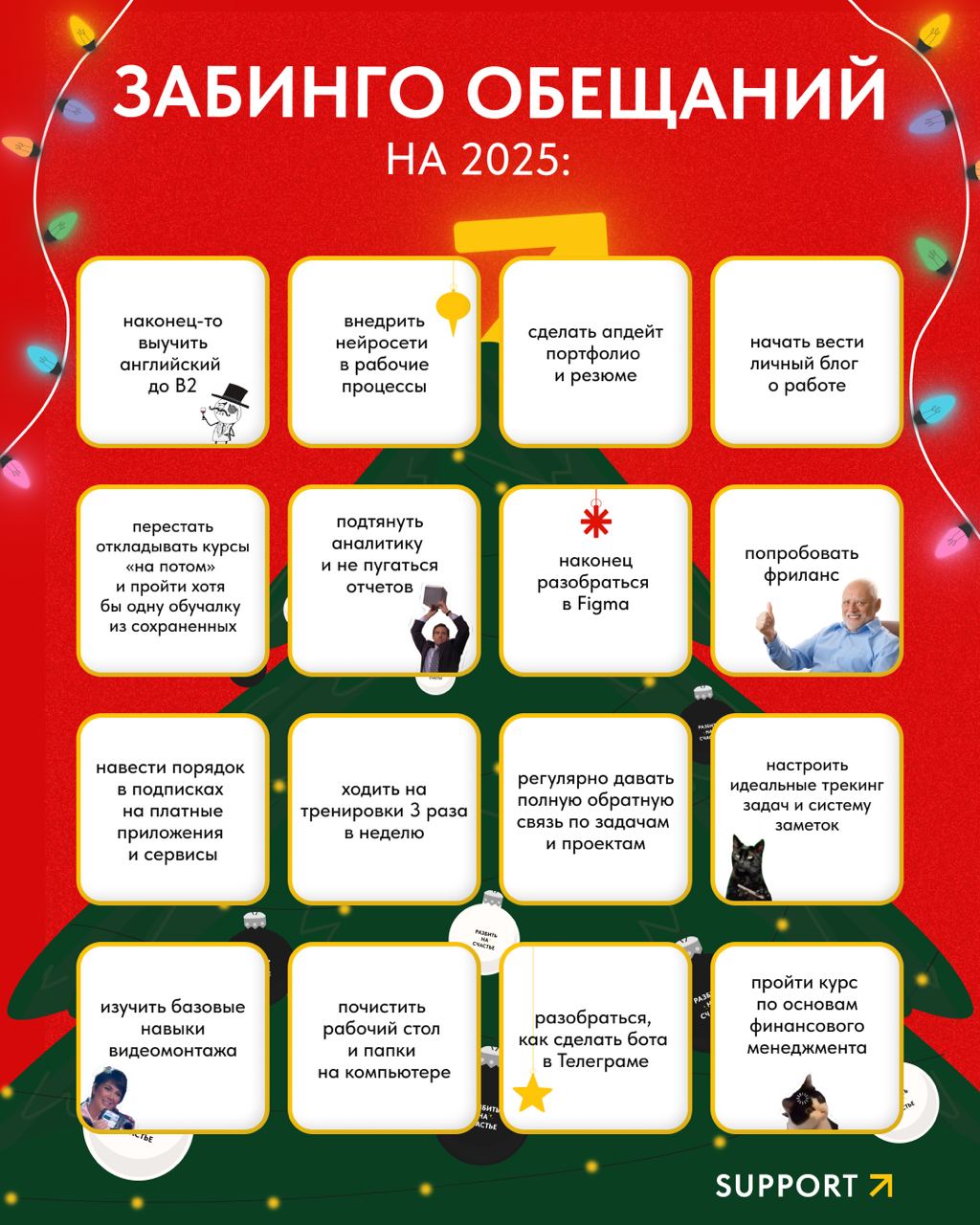 🥂Ну что, какое обещание на 2025 год дали себе под бой курантов? А может, оно было не одно?
Мы собрали бинго из таких обещаний, которые точно мелькали у вас в списке планов на грядущие годы – но так ни... | Сетка — социальная сеть от hh.ru