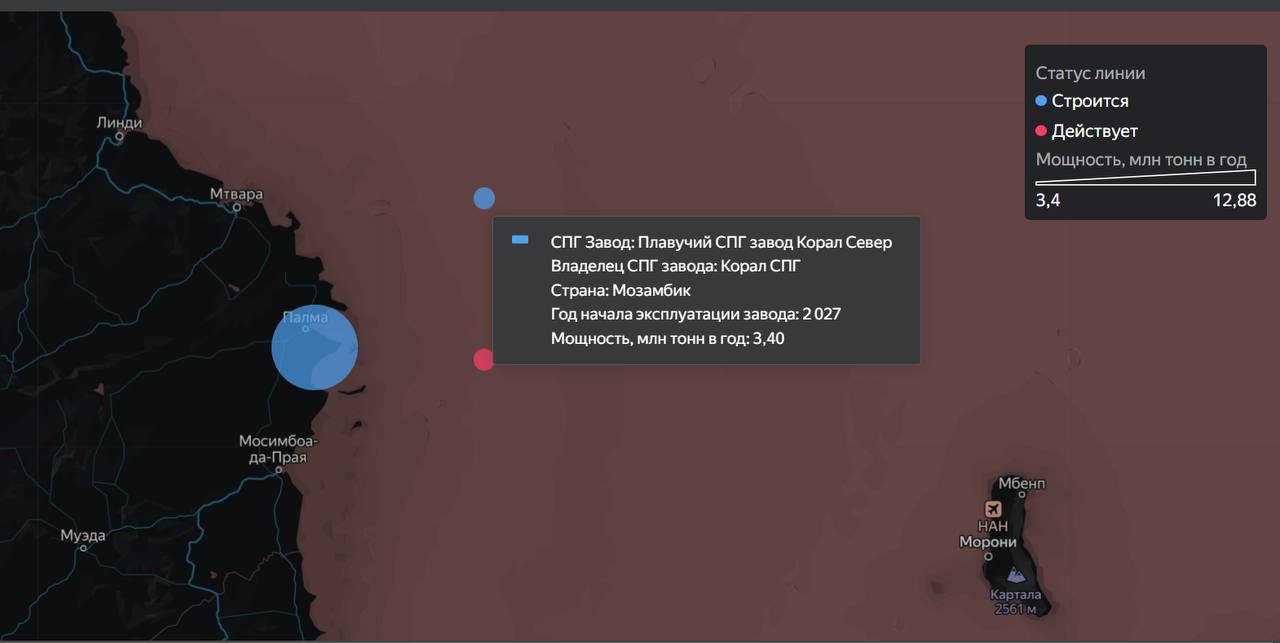 Проект плавучего СПГ завода Корал Север в Мозамбике прошёл финальное инвестиционное решение и ожидает формального согласования властей Мозамбика для начала реализации
Плавучий завод плановой мощностью... | Сетка — социальная сеть от hh.ru