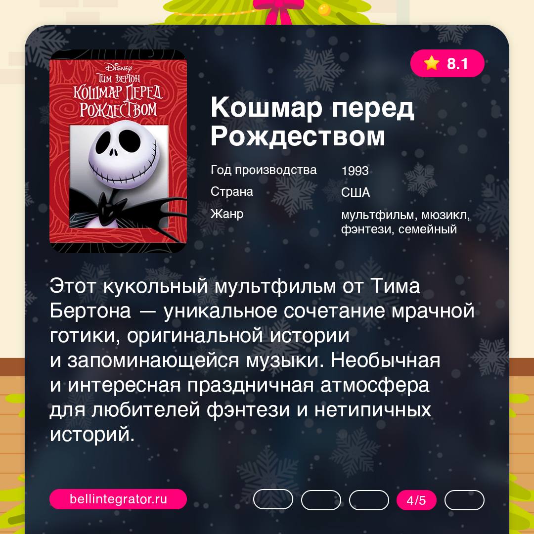 Новогодние каникулы – время для киномарафона 🍏
Но не будем ограничиваться стандартной подборкой фильмов. В карточках собрали небанальные истории, которые подарят незабываемую зимнюю атмосферу | Сетка — социальная сеть от hh.ru