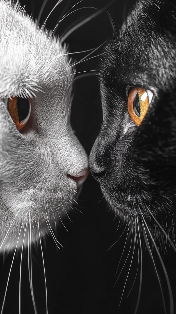 prompt: Art illustration, sports minimalism style, fuzzy form, black cat and white cat, solid color background, close-up, pure flat illustration, extreme high-definition picture, cat's eyes depict cle... | Сетка — социальная сеть от hh.ru