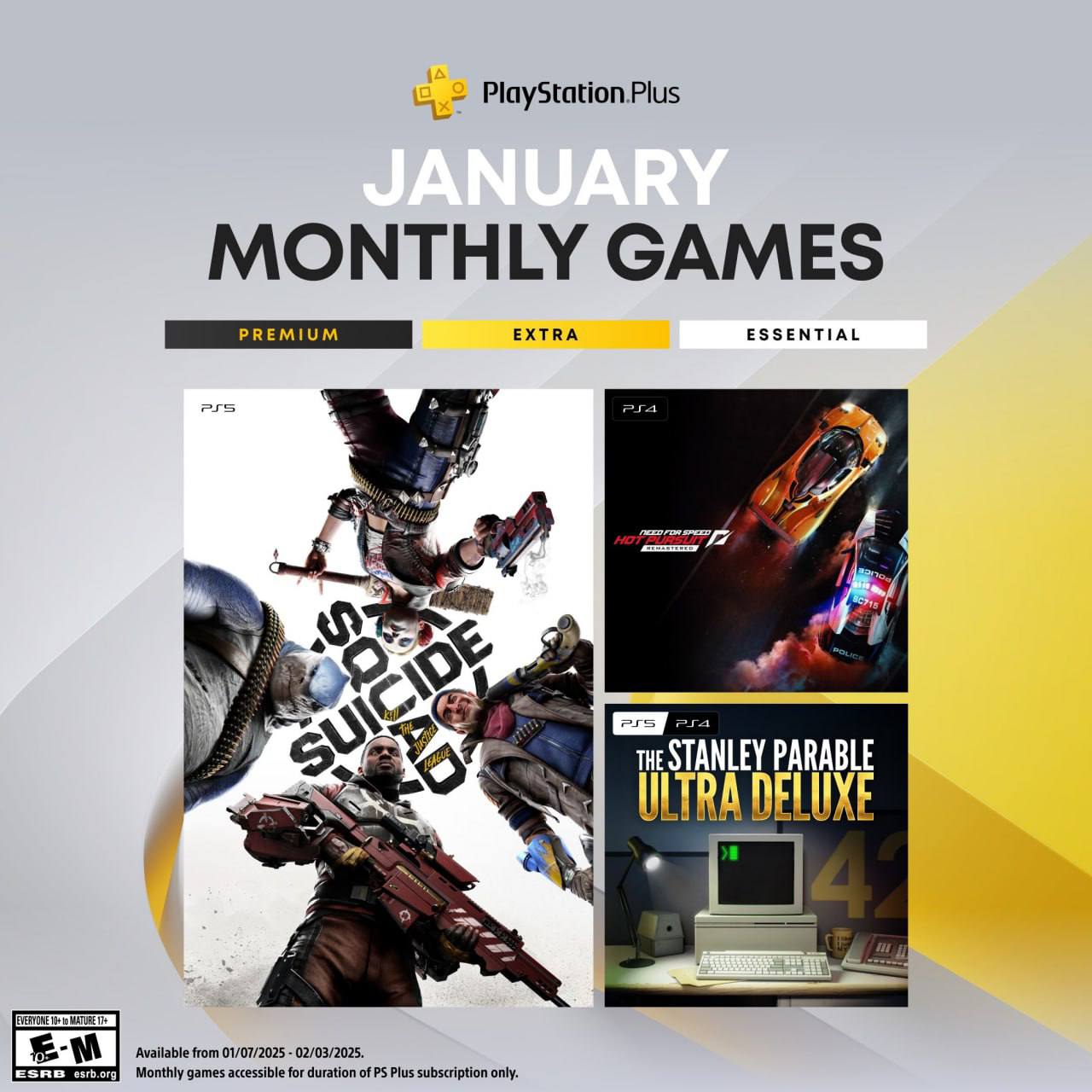 Январская подборка игр PlayStation Plus Essential:
— Suicide Squad: Kill the Justice League
— Need for Speed Hot Pursuit Remastered
— The Stanley Parable: Ultra Deluxe | Сетка — социальная сеть от hh.ru