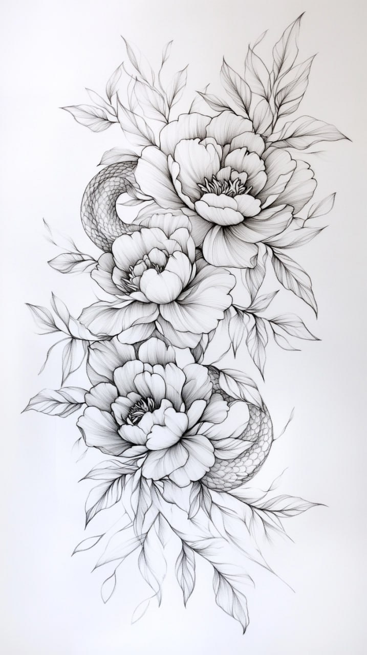 prompt: Delicate and intricate line art of a slender snake gracefully entwined with blooming peony flowers and finely detailed leaves, soft and elegant shading, light and airy composition, focusing on... | Сетка — социальная сеть от hh.ru