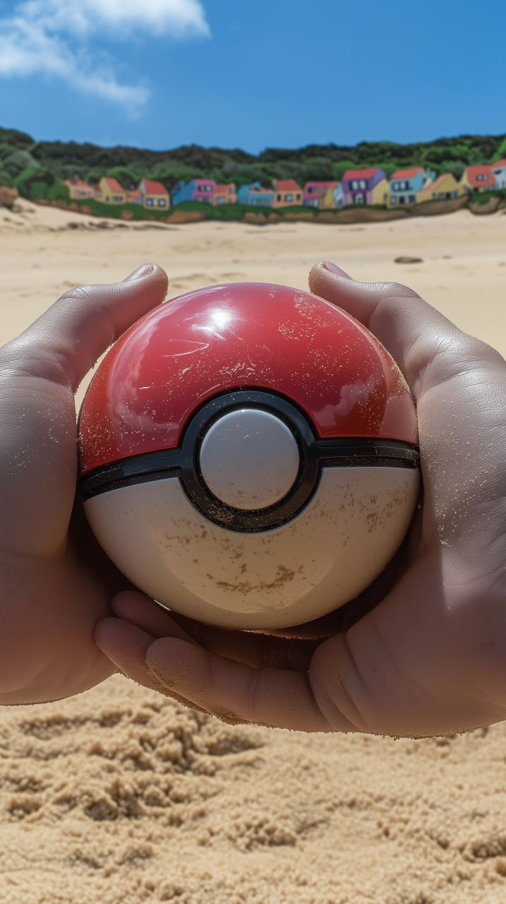 prompt: A close-up of a glossy Pokéball held in dusty hands above sandy ground in a vibrant arena. The arena features colorful countryside murals with blue skies, green hills, and cartoon houses | Сетка — социальная сеть от hh.ru