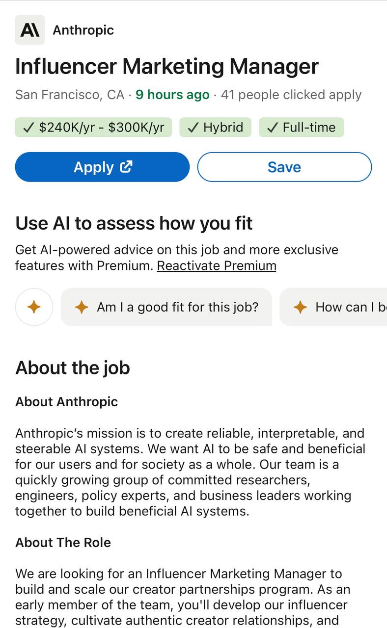 Ситуация на рынке труда: Anthropic, которые делают Claude.ai, ищут инфлюенсер-менеджера с окладом примерно как у сеньор разработчика в Сан-Франциско | Сетка — социальная сеть от hh.ru