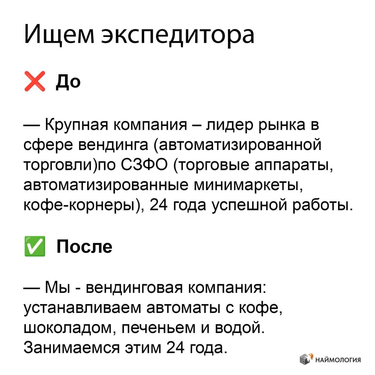 Вакансия. С чего начать?
Примеры «до/после» | Сетка — социальная сеть от hh.ru