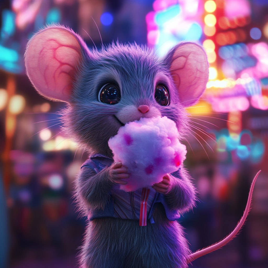 prompt: weird cartoon don bluth style like the secret of nimh closeup on the cutest mouse child with cute clothes eating cotton candy in a scary and intriguing carnival with interesting and intriguing... | Сетка — социальная сеть от hh.ru