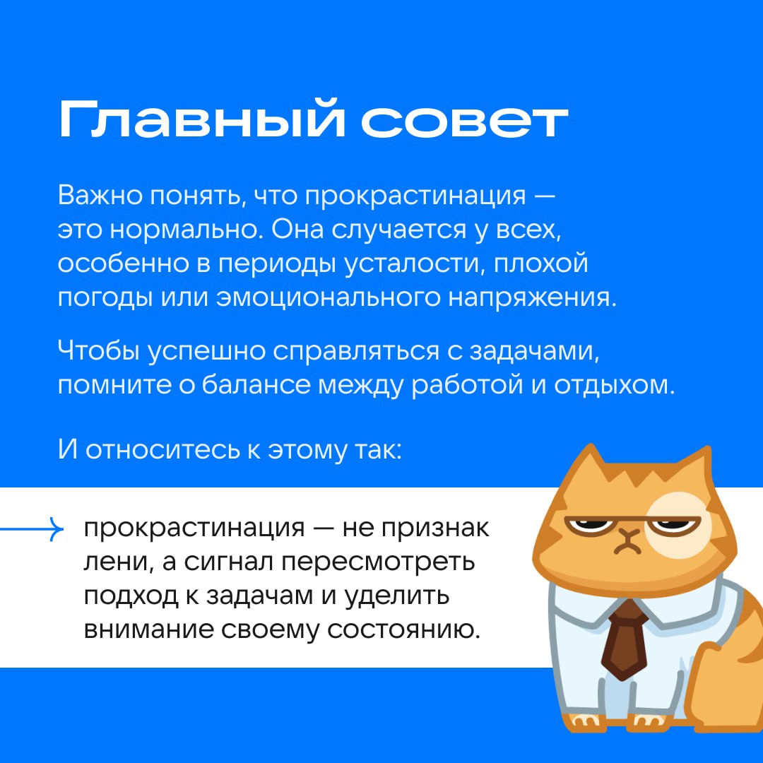 Входим в рабочий ритм, друзья!
После длинных выходных вернуться в режим бывает нелегко. Главный враг продуктивности — прокрастинация, склонность откладывать важные дела на потом | Сетка — социальная сеть от hh.ru