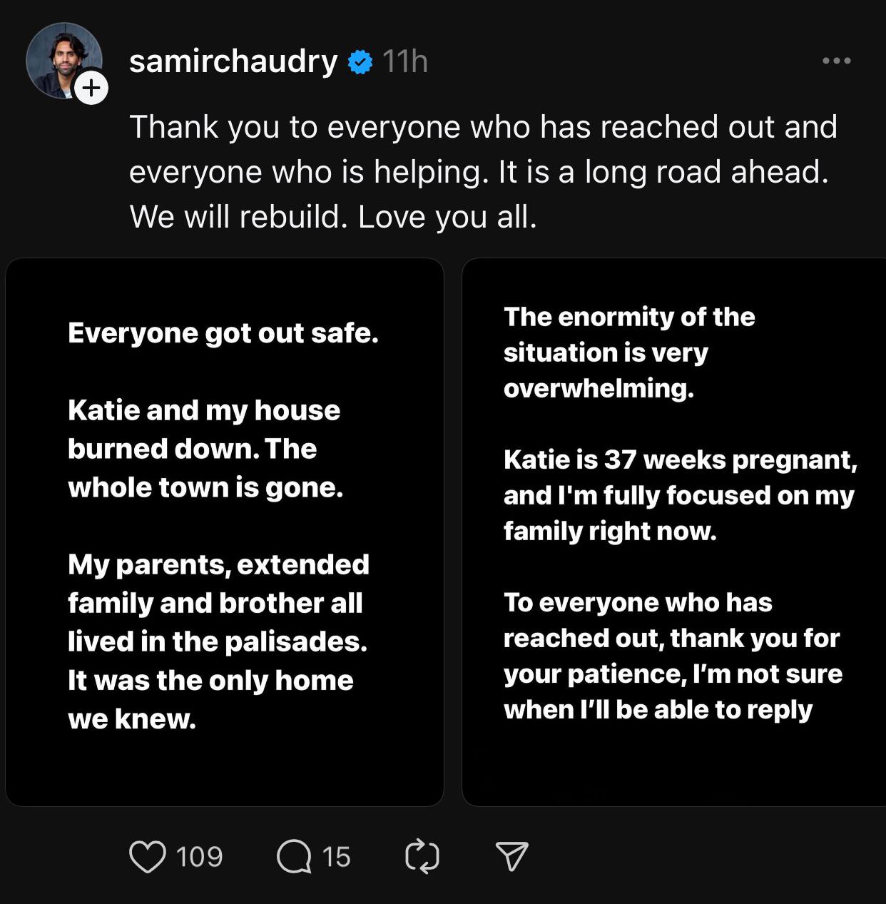 Дом Самира, автора шоу Colin and Samir, тоже сгорел 💔
Район Палисейдс на западе Лос-Анджелеса практически полностью уничтожен, ущерб уже оценивают в $150 миллиардов | Сетка — социальная сеть от hh.ru