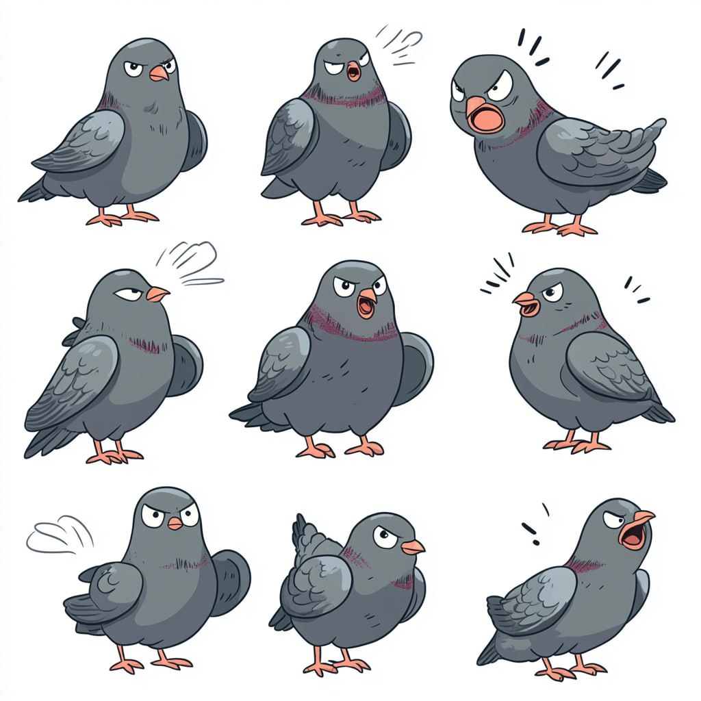 prompt: A gray pigeon with various postures and expressions, happy, sad, angry, etc., cute style | Сетка — социальная сеть от hh.ru